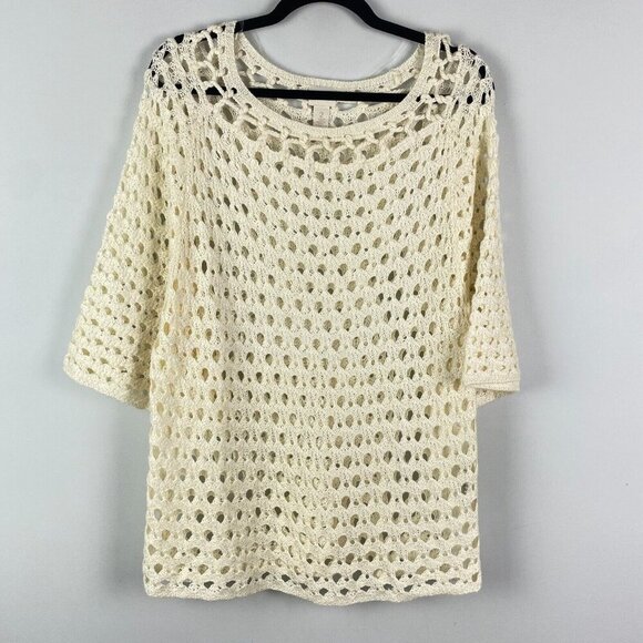Chico's Sweaters - Chicos Crochet Pullover Sweater Size 2 US Large Cream Open Knit 3/4 Sleeves